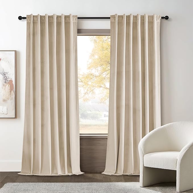 Topfinel Beige Velvet Curtains 84 Inches Long for Bedroom Back Tab Blackout Ivory Birch Neutral Boho Sour Cream Ecru White Drapes for Living Room 84 Inch Length 2 Panels,52x84,Beige