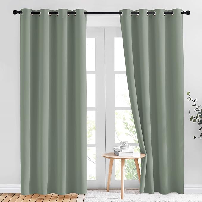 NICETOWN Blackout Sage Green Curtains 84 inch Length 2 Panels Set - Chic Thermal Insulated Grommet Room Darkening Window Drapes for Bedroom/Living Room, W52 x L84