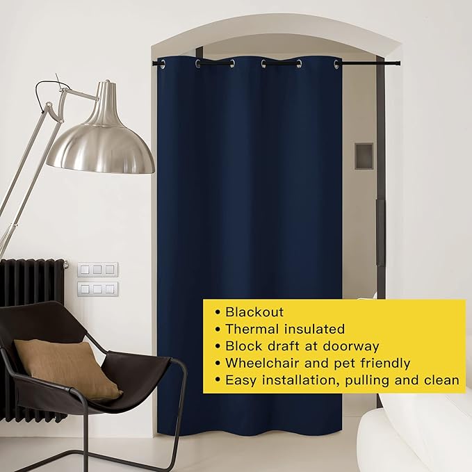 NICETOWN Faux Folding Accordion Doors, Front Door Curtains, Privacy Blackout Cloth Fabric, Living Room Bedroom Divider/Sliding Patio Decor Decoration (1 PCs, 9ft Tall x 5ft Wide, Silver Navy)