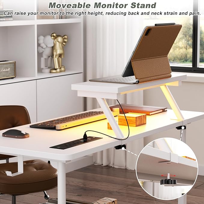 Height Adjustable Standing Desk with Power Outlets and LED Lights - 32" Manual Stand Up Desk with Monitor Stand and Storage Shelves Small Mobile Rolling Computer Desk Portable Laptop Table, White