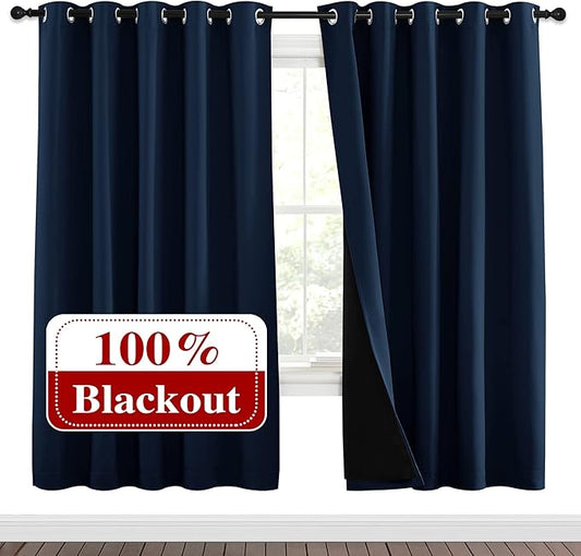 NICETOWN Full Shade Curtain Panels, Pair of Energy Smart & Noise Blocking Out Blackout Drapes for Apartment Window, Thermal Insulated Guest Room Lined Window Dressing(Navy Blue, 70 x 72 inch)