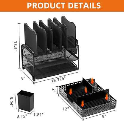 Simple Trending Desk File Organizer with Sliding Drawer, Metal Mesh Double Tray and 5 Upright Section Sorter and 2 Pen Holder, Black