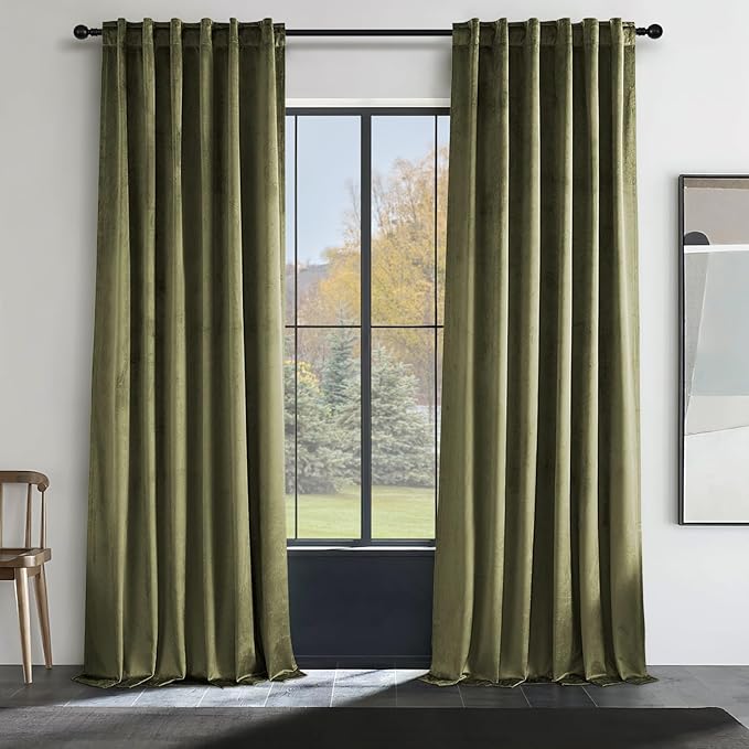 Topfinel 80 Inch Curtains for Living Room Dark Green Velvet Curtains for Dedroom,Soundproof Noise Cancelling Room Darkening Back Tab Window Treatments Curtains,52x80,2 Panels Burg,Olive Green