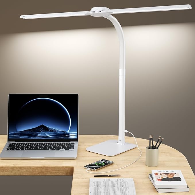 Desk Lamp with USB Charging Port for Home Office 24w Architect Remote Base Dual Task Led Light Modern 5 Color Modes Dimmable Adjustable Gooseneck Double Head Reading Drafting Eye Caring Tall Lamps