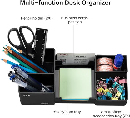 deli Desk Organizer, Plastic Desktop Organizer with Pencil Holder and Sticky Note Tray, Office Stationery Supplies Organizers Accessories Caddy, 6 Compartments, Black