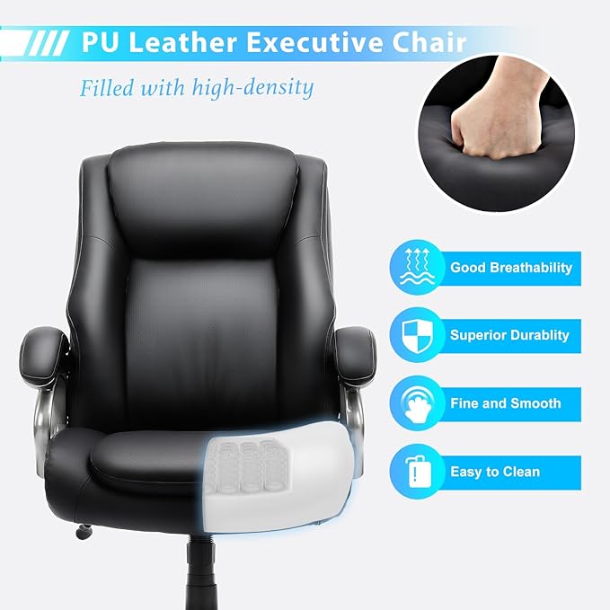 COLAMY Big & Tall Office Chair 400lbs Wide Seat- High Back PU Leather Executive Computer Desk Chair for Heavy People, Large Office Chair with Metal Base & Ergonomic Back Support- Black