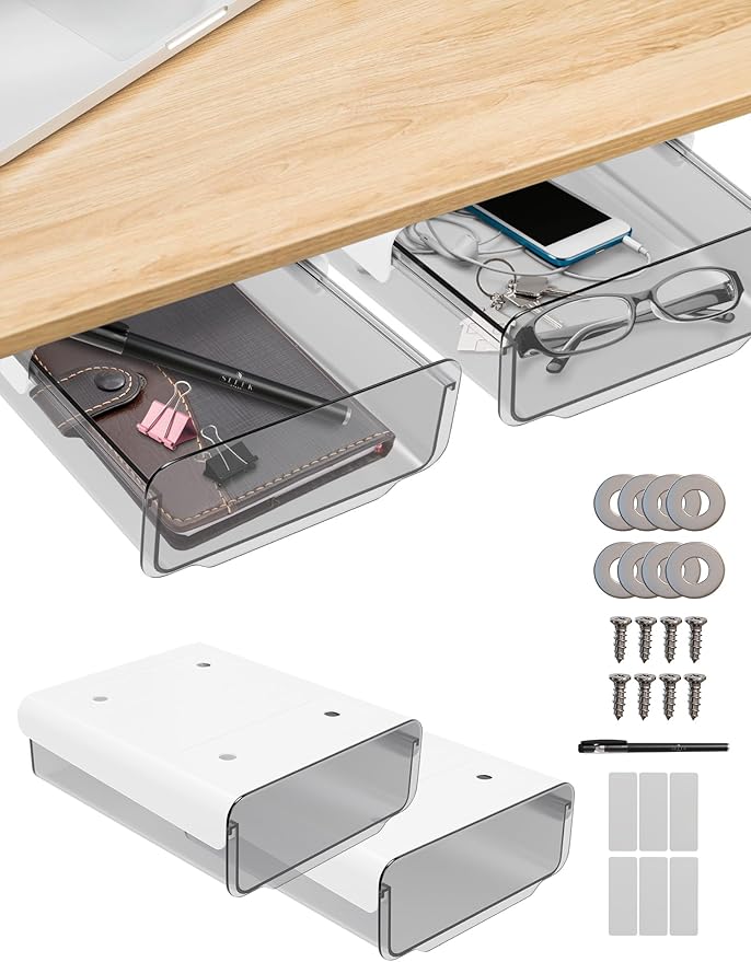 2 Pack Under Desk Drawer Organizer, Slide Out - Adhesive Desk Drawer Attachment with Pen for Desk - Smooth Sliding Under Desk Storage Drawers Self Adhesive