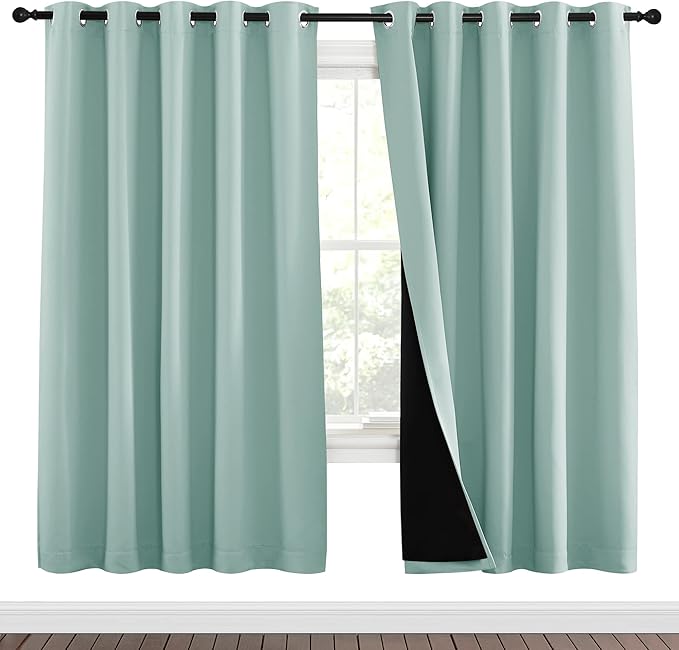 NICETOWN 100% Blackout Window Curtain Panels, Full Light Blocking Drapes with Black Liner for Nursery, 72-inch Drop Thermal Insulated Draperies (Aqua Blue, 2 Pieces, 70-inch Wide Per Panel)