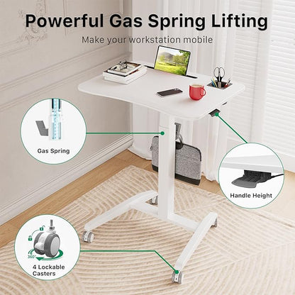 Mobile Standing Desk, Height Adjustable Rolling Laptop Desk, 27 inches Portable Sit Stand Desk with Wheels and Hook, Pneumatic Computer Table, White