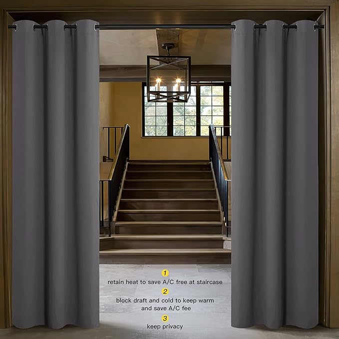 NICETOWN Sliding Door Curtains 96 inch Length, Single Curtain Panel, Insulating Thermal Blackout Curtains for Bedroom Window Bathroom Doorway Front Door (One Panel, 5ft Wide x 8ft Long, Grey)