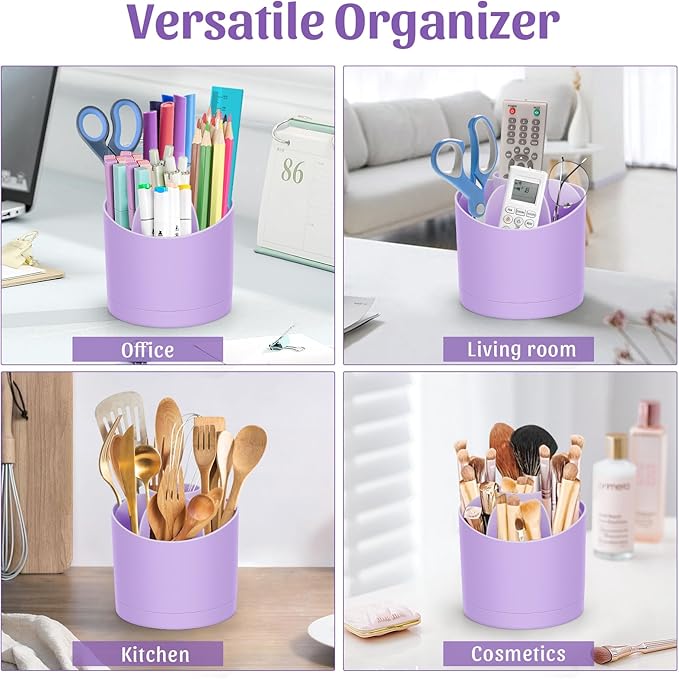 Desk Organizer,360 Degree Rotating Pen Holder for Desk,Nordic Style Pencil Organizer Cup,Modern Office Desk Accessories with 7 Slots Caddy for Desktop,School,Home,Cosmetics(Purple)