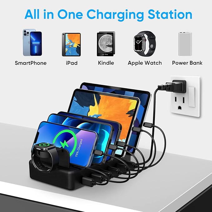 Charging Station for Multiple Devices, CREATIVE DESIGN 50W 6 Ports USB Charger Station with Apple Watch Holder & 6 Cables, Charging Dock for iPad Cellphone Kindle Tablet and Other Electronic (Black)