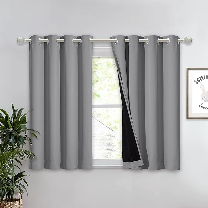 NICETOWN 100% Blackout Curtain with Black Liner, Thermal Insulated Full Blackout 2-Layer Lined Curtain, Energy Efficiency Window Drapery for Dining Room (Silver Grey, 1 Panel, 52-inch W by 45-inch L)