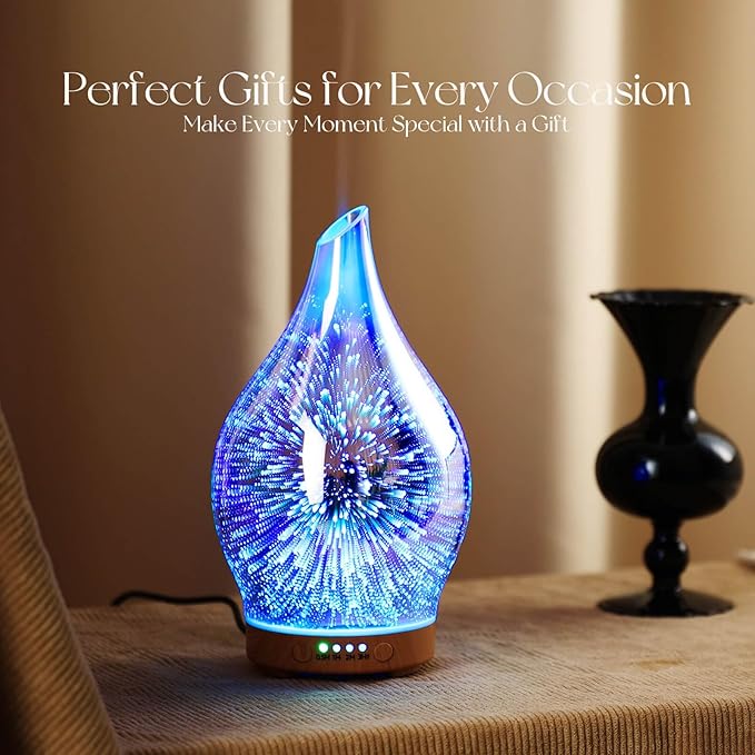 Porseme Oil Diffuser 3D Glass Aromatherapy Ultrasonic Humidifier, Air Refresh Auto Shut-Off, Timer Setting, BPA Free for Home Hotel Yoga Leisure SPA Gift 100ml Last 4H