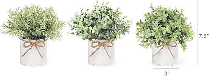 Mkono Fake Plants in Farmhouse Galvanized Metal Pots Table Centerpiece Rustic Home Decor, 3 Pack Potted Artificial Plants Faux Eucalyptus for Shelf Indoor Dining Room Office