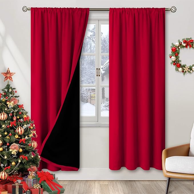 BGment Christmas Thermal Insulated 100% Blackout Curtains for Bedroom Decoration with Black Liner, Double Layer Full Room Darkening Noise Reducing Rod Pocket Curtain (52 x 84 Inch, Red, 2 Panels)