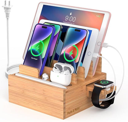 Pezin & Hulin Bamboo Charging Station for Multiple Devices Include 5 Port USB Charger, 5 Cables, Desktop Organizer for Phones, Tablet, Wooden Docking Stations