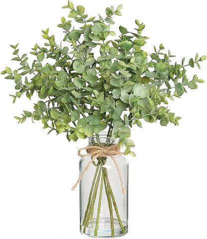 Zheart Fake Eucalyptus Stems in Glass Vase with Faux Water,14" Artificial Plants Eucalyptus Leaves for Shelf Desk Bathroom Farmhouse Room Coffee Table Home Decor (Sage Green)