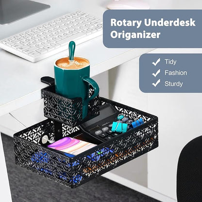 Under Desk Drawer Organizer Clip-on Cup Holder Under Desk Storage Drawers Rotated Under Table Drawer for Desk Organizer Clamp Phone Holder Paper Drawer (Black)