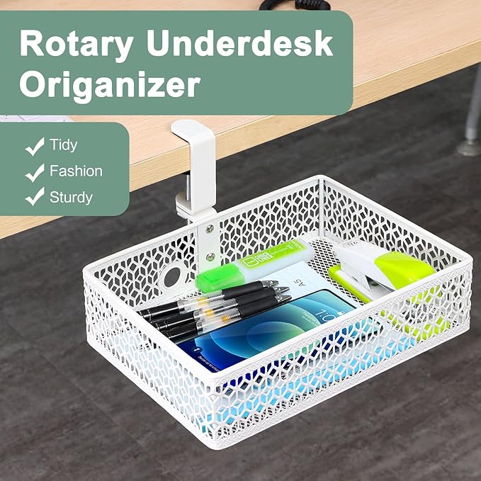 ROSYLINE Drawer Under Desk Storage Organizer, Clamp on Desk Drawer, Under Desk Storage, Clamp Drawer Basket, Hanging Desk Storage, Under Desk Mount Tray, Suitable for Multiple Scenes (white)