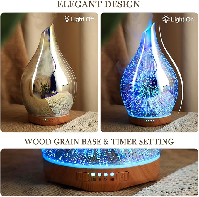 Porseme Essential Oil Diffuser 280ml Aromatherapy Ultrasonic Oil Diffusers 3D Glass Cool Mist Humidifier, Air Refresh Auto Shut-Off, Timer Setting, BPA Free for Home Hotel Yoga Leisure SPA Gift