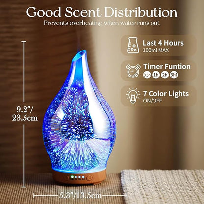 Porseme Oil Diffuser 3D Glass Aromatherapy Ultrasonic Humidifier, Air Refresh Auto Shut-Off, Timer Setting, BPA Free for Home Hotel Yoga Leisure SPA Gift 100ml Last 4H