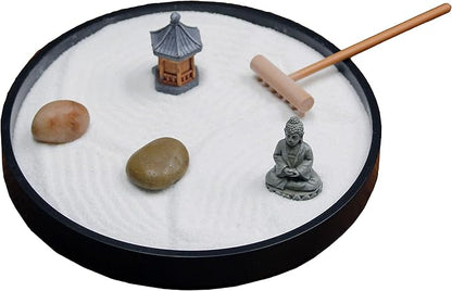 Nature's Mark Mini Zen Garden Kit for Desk with Rake, White Sand, Black Round Base, Miniature Pagoda Figure, River Rocks and Miniature Buddha Figure (6Lx6W Round B)