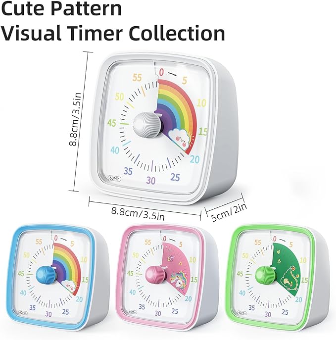 Yunbaoit Visual Timer with Night Light, 60-Minute Countdown Timer for Kids and Adults, Silent Classroom Timer, Pomodoro Timer with Rainbow Pattern for Home, School, Kitchen, or Office (White)