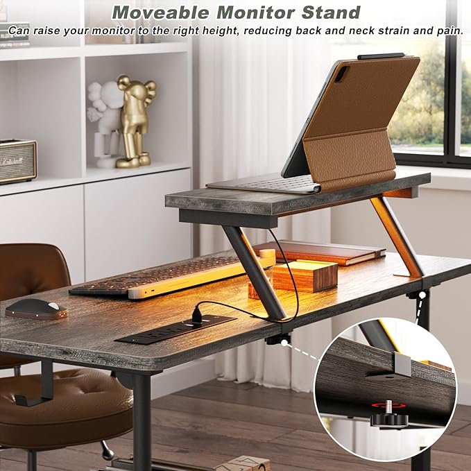 Height Adjustable Standing Desk with Power Outlets and LED Lights - 32" Manual Stand Up Desk with Monitor Stand and Storage Shelves Small Mobile Rolling Computer Desk Portable Laptop Table, Grey Oak