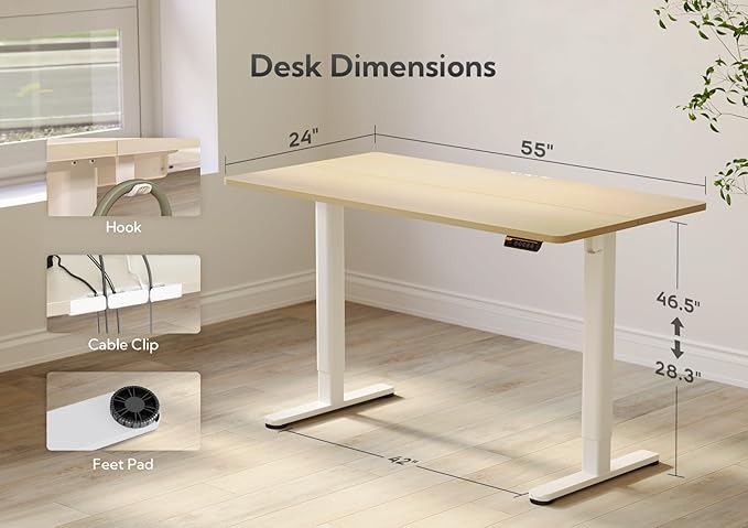 Electric Standing Desk, Adjustable Height Stand up Desk, 55x24 Inches Sit Stand Home Office Desk with Splice Board, White Frame/Nature Top