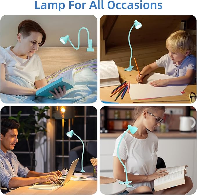 Clip on Reading Light for Bed 3 Color Modes, 10 Brightness Dimmable, Flexible Gooseneck Clip on Lamp, Eye Care Clip Light for Bed Headboard Desk Home Dorm, Teal