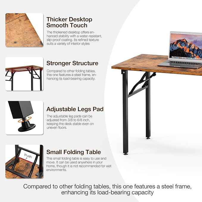 TEMI Small Computer Desk Folding Table - 43.3" Foldable Office Desk, No Assembly, Perfect for Small Spaces in Bedroom, Dorm, or Apartment, Portable Mini Desk or Study Table with Compact Design, Brown