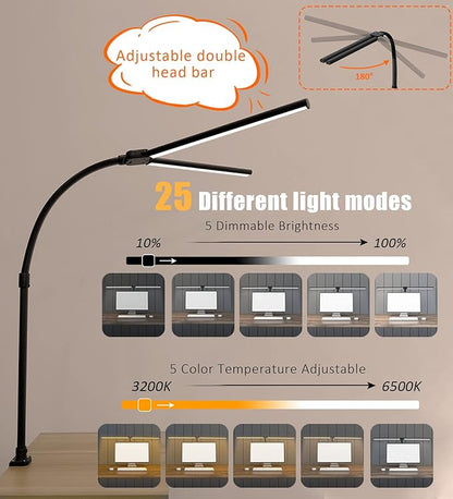 Double Head LED Desk Lamp, Architect Desk Lamps for Home Office, 24W Brightest Workbench Office Lighting-5 Color Modes and 5 Dimmable Eye Protection Modern Desk Lamp for Monitor Reading