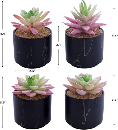 zenmag Mini Succulents Plants Artificial, Mini Succulents Plants Artificial in Black Ceramic Pots for Desk Office Livingroom Bathroom and Home Decoration Set of 4 Artificial Succulents