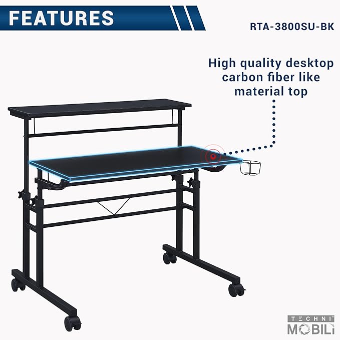 Techni Mobili Rolling Writing Desk with Height Adjustable Desktop and Moveable Shelf