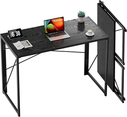 Coavas Folding Desk No Assembly Required, 39.4 inch Small Foldable Desk Writing Computer Table Space Saving Simple Home Office Desk, Black Wood