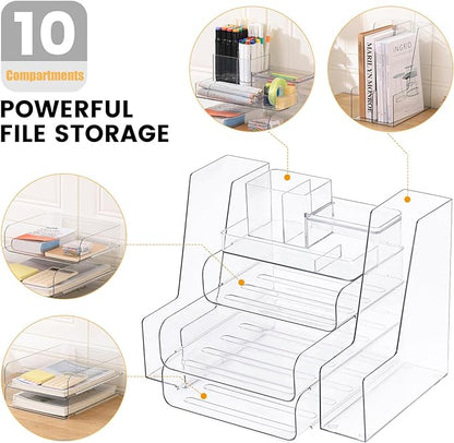 Desk Organizer with 2 Vertical File Holder, 4 Tier Stackable Paper Letter Tray File Organizer with 5-Compartments Pen Holder, Clear Desktop Organizer Office Organization and Storage