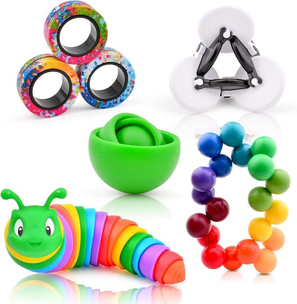 Fidget Toys Adults Pack, Green Sensory Toys Set for Kids, Fidget Spinner Slug Magnetic Rings, Cool Gadget Gift for Girls Boys Teens ADHD Autism Stress Relief Desk Toy Christmas Basket Stuffers