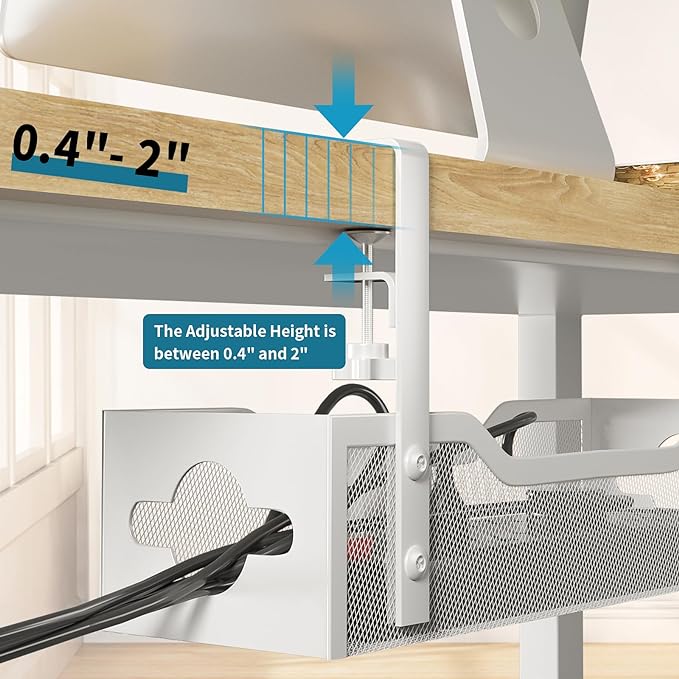 Litwaro Under Desk Cable Management Tray White, Cable Management Under Desk No Drill, Desk Cable Organizer with Clamp for Desk Cord Organizer, Desk Wire Management for Office, Home No Damage to Desk