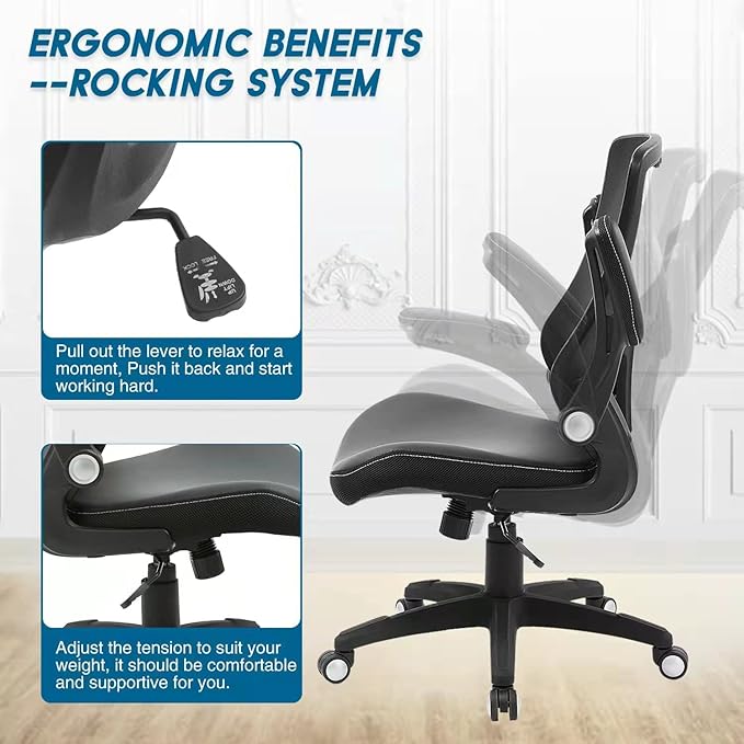 Office Chair Ergonomic Desk Chair, Computer PU Leather Home Office Desk Chair, Mesh Adjustable Lumbar Support Flip-up Armrests Executive Task Chair