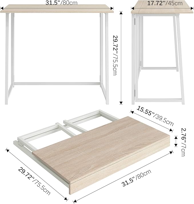 4NM 31.5" Folding Desk, Simple Assembly Computer Desk Study Writing Table for Small Space Offices/Home - Natural and White