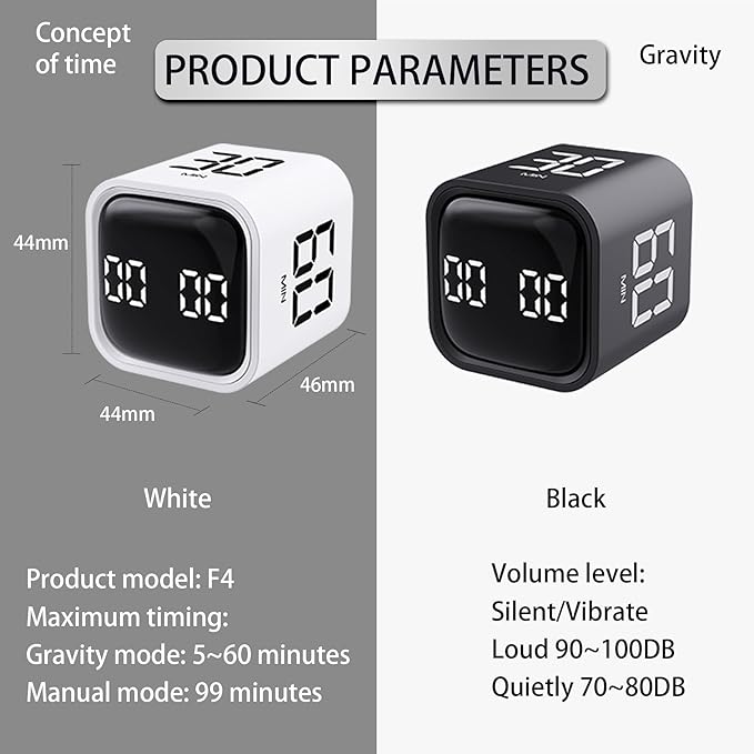 VEWINGL Cube Pomodoro Timer,Rotation Timer,5/10/30/60 Minutes and Custom Countdown,Productivity Timer,Pause and Resume,Silent,Vibrate and Adjustable Sound Alarm for Tasks,Work,Study,Kitchen