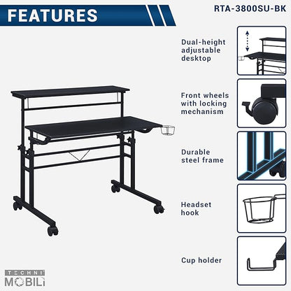 Techni Mobili Rolling Writing Desk with Height Adjustable Desktop and Moveable Shelf