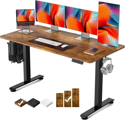 Veken 55 Inch Electric Standing Desk, Height Adjustable Sit Stand Up, Wood Desktop, Work Home Office Computer PC Table, Tall Standup Workstation, Writing Study Rising Desks, Brown