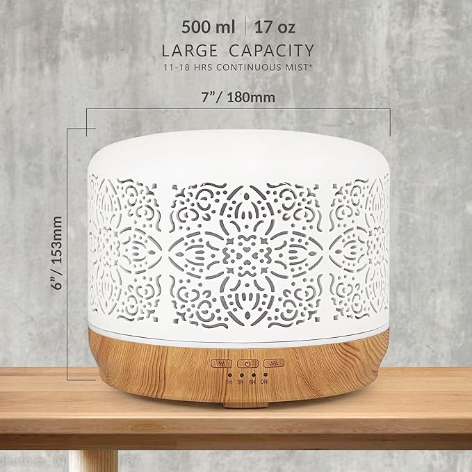 Earnest Living Essential Oil Diffuser White Ceramic Diffuser 500 ml Timers Night Lights and Auto Off Function Home Office Humidifier Aromatherapy Diffusers for Essential Oils