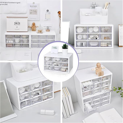 Desk Storage Organizer with 9 Drawers, FODIENS Stackable Desktop Craft Drawer Cabinet, Clear Storage Box Caddy for Makeup Jewelry Office Craft Supplies (9.84×6.3×5.9in)