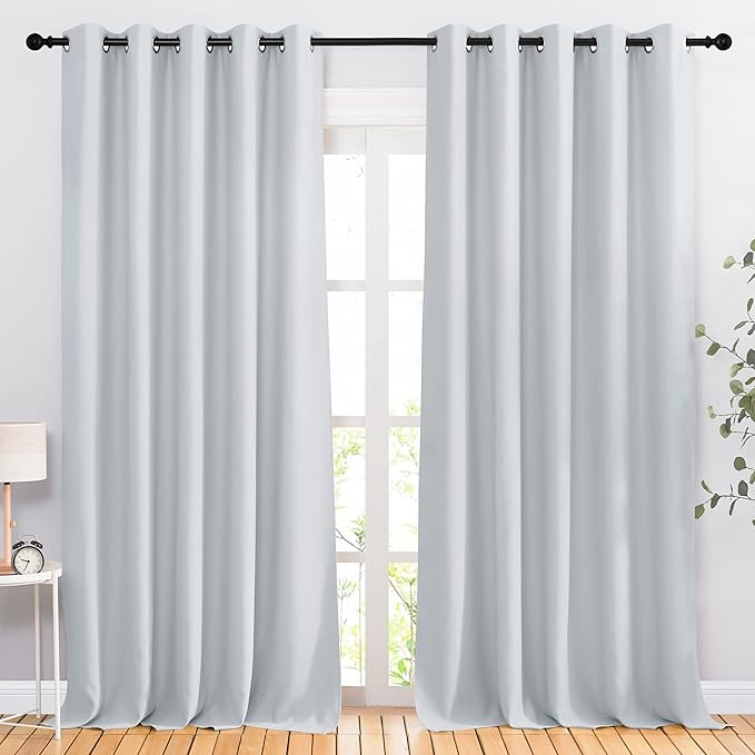 NICETOWN Room Darkening Curtains for Living Room - Easy Care Solid Thermal Insulated Grommet Room Darkening Curtains/Drapes for Bedroom (2 Panels, 66 by 90, Greyish White)