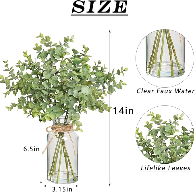 Zheart Fake Eucalyptus Stems in Glass Vase with Faux Water,14" Artificial Plants Eucalyptus Leaves for Shelf Desk Bathroom Farmhouse Room Coffee Table Home Decor (Sage Green)