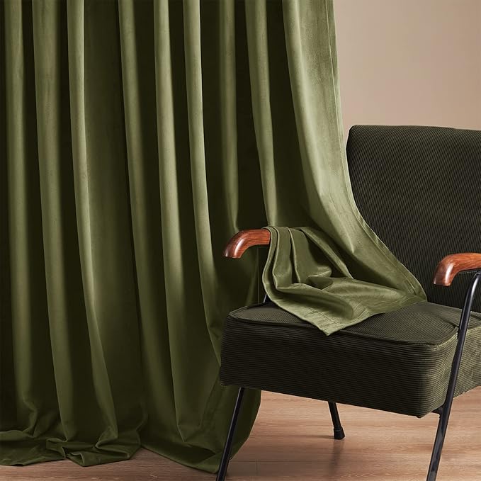 Topfinel 94 Inch Green Velvet Curtains for Living Room,Super Smooth Elegant Boho Back Tab Room Darkening Curtains for Bedroom 94 Inches Long 2 Panels Set,52x94,Olive Green