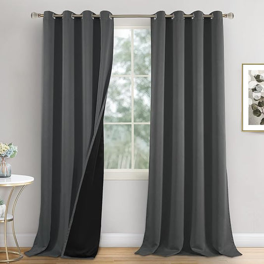 Long Blackout Curtains 95 Inch Length 2 Panels for Living Room, 100% Black Out Bedroom Curtains Thermal Insulated Soundproof Grommet Thick Window Curtains, Each 52 Inch Wide, Dark Grey